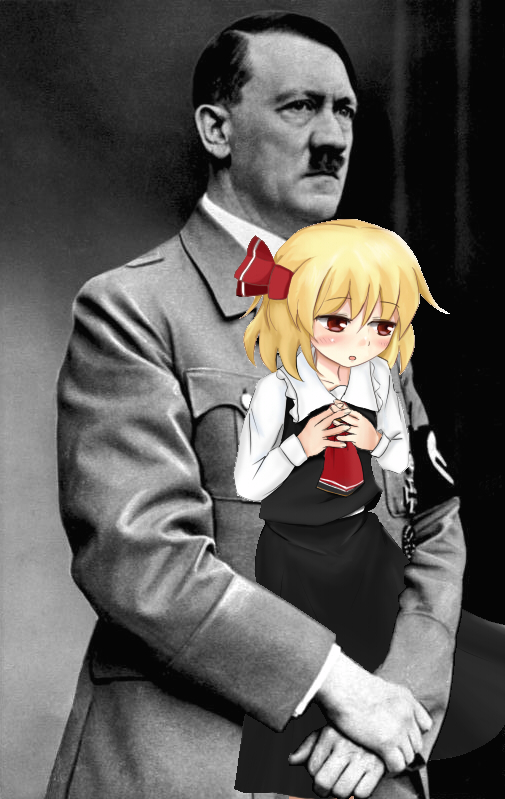 adolf_hitler, ascot, blonde_hair, blush, bow, hair_bow, red_eyes, rumia
