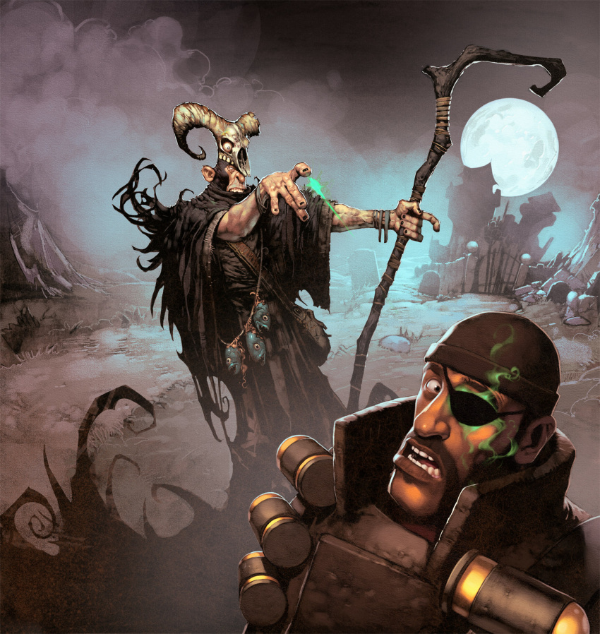 2boys, dark_skin, eyepatch, facial_hair, fish, full_moon, halloween, highres