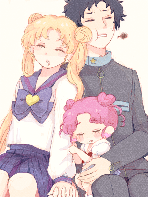 1boy, 2girls, annoyed, bishoujo_senshi_sailor_moon, black_hair, blonde_hair, chibi_chibi, double_bun
