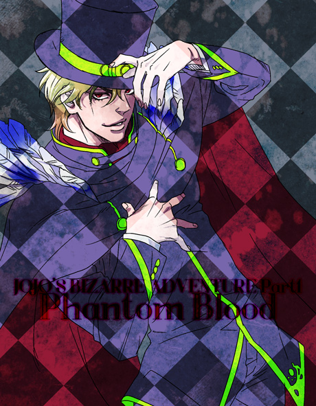 1boy, blonde_hair, cape, checkered, checkered_background, dio_brando, dororosso, feathers, hat, jojo_no_kimyou_na_bouken, red_eyes, solo, top_hat