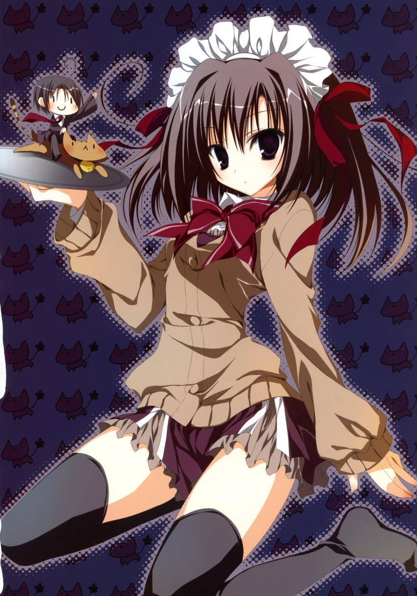 1boy, 1girl, :<, absurdres, black_legwear, brown_hair, cardigan, cat