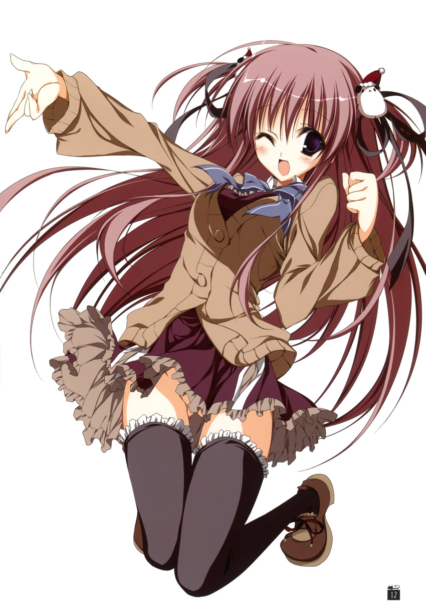 1girl, absurdres, calendar, cardigan, cat, chibi, christmas, ebiten_(manga), frilled_legwear, hanamori_hakata, highres, inugami_kira, jacket, no_panties, official_art, school_uniform, thigh-highs, wink