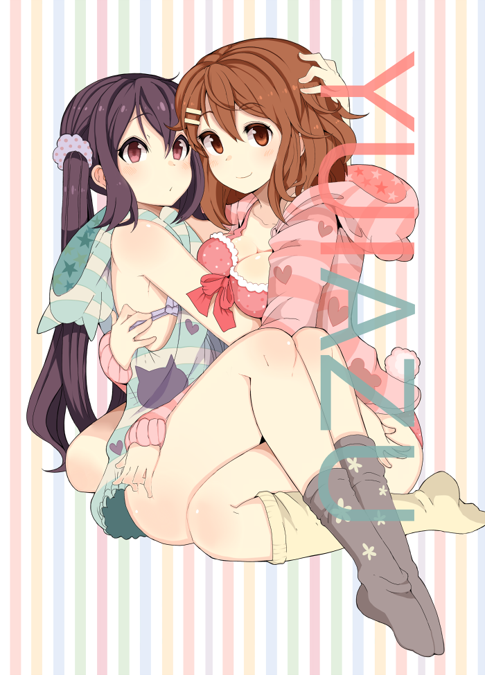 2girls, black_hair, black_legwear, blush, body_blush, breasts, brown_hair, cleavage