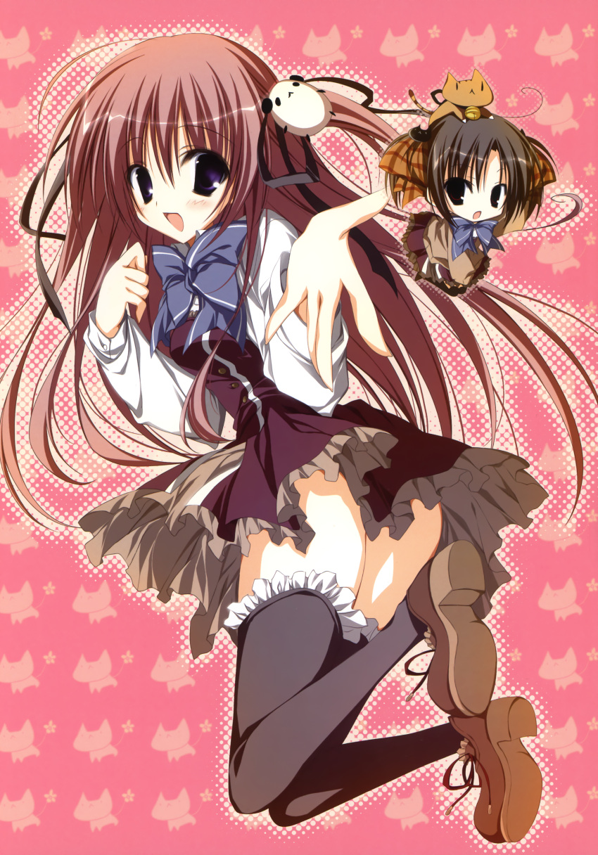 2girls, absurdres, animal_on_head, black_legwear, blue_eyes, cat, cat_on_head, chibi