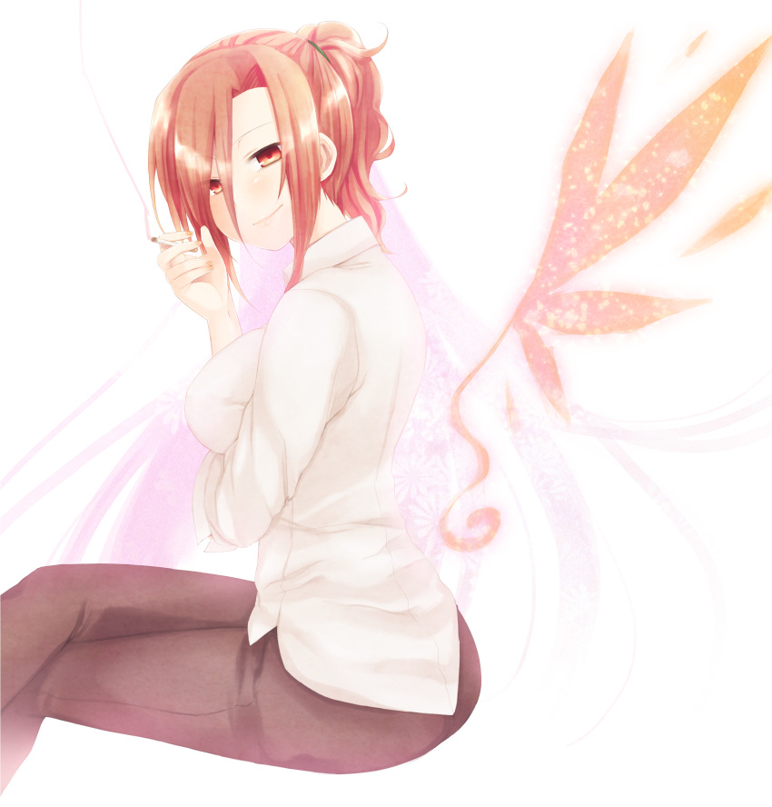 1girl, absurdres, aozaki_touko, breast_hold, cigarette, crossed_legs, dress_shirt, glasses