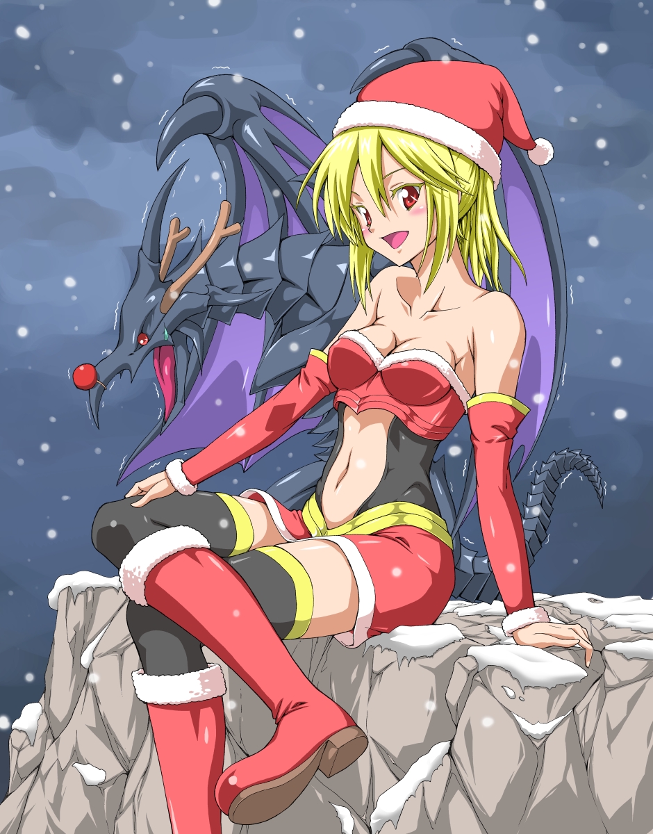 1girl, black_legwear, blonde_hair, breasts, christmas, cold, dragon, duel_monster