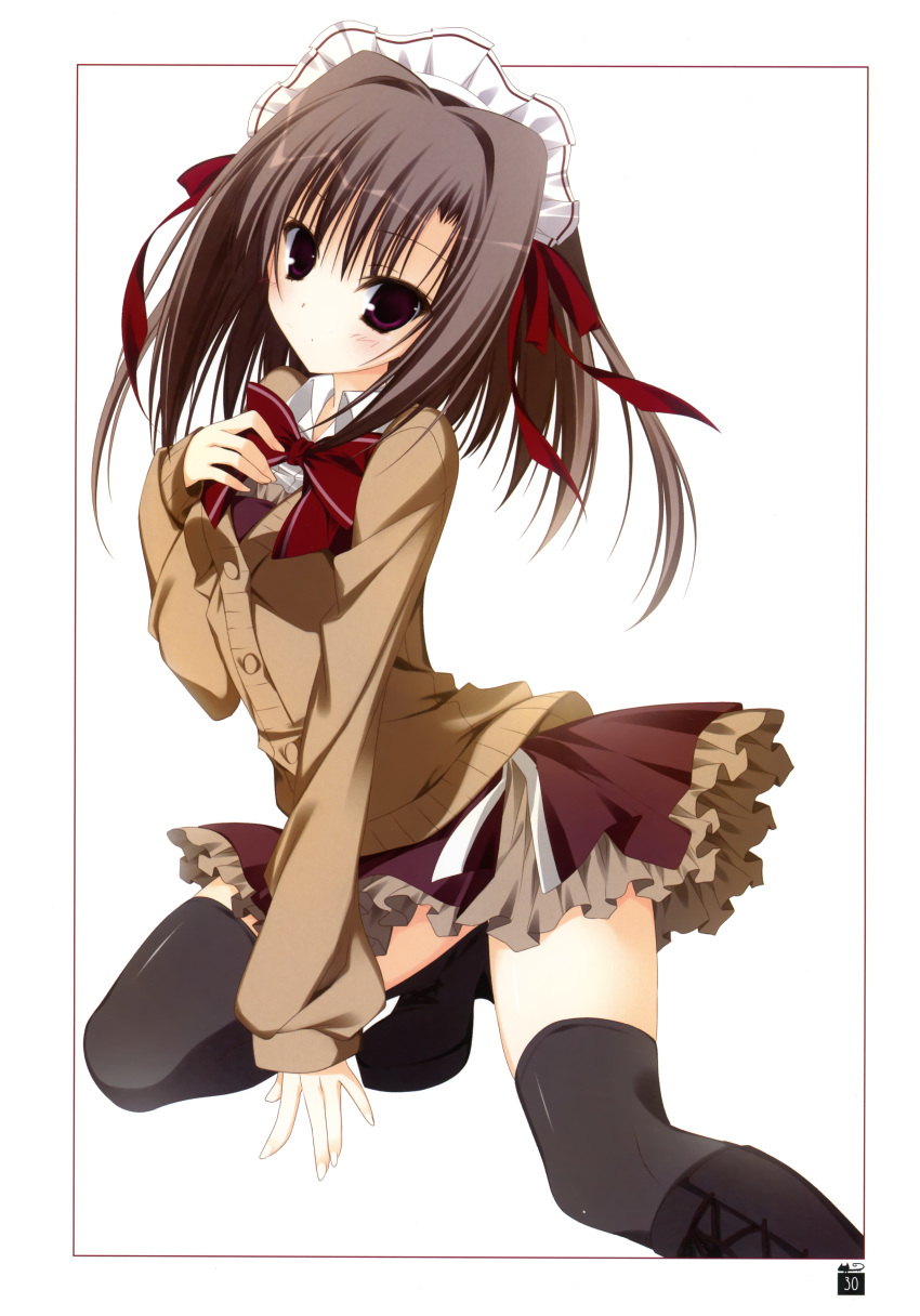 1girl, absurdres, black_legwear, boots, brown_hair, cardigan, ebiten_(manga), frilled_skirt