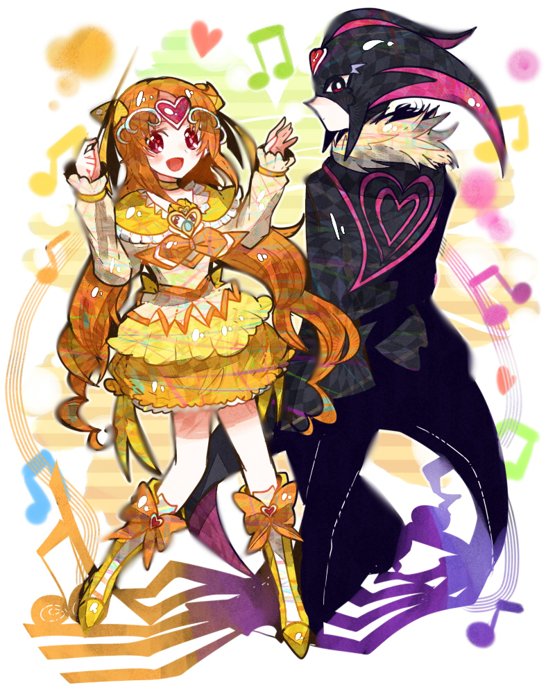 2girls, baton, bodysuit, boots, brooch, bubble_skirt, cape, choker