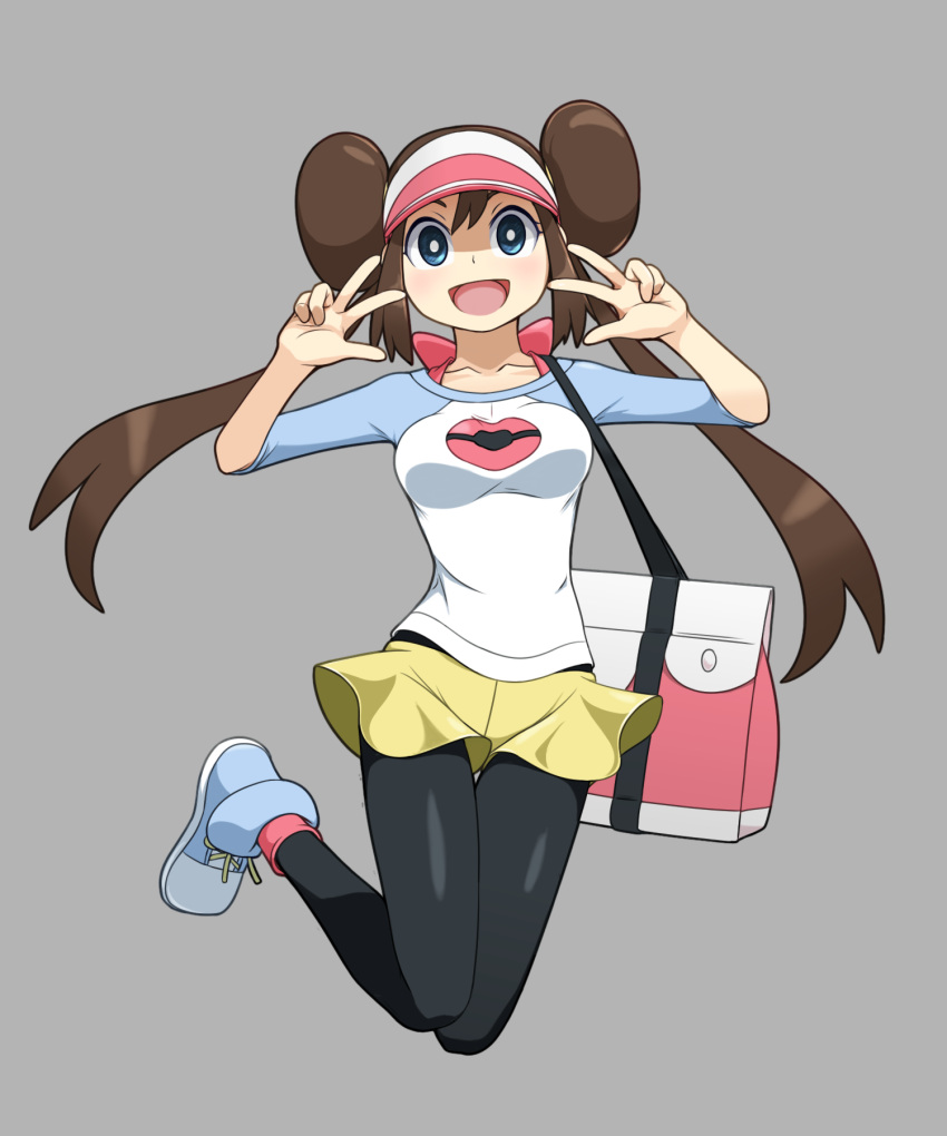 1girl, bag, blue_eyes, brown_hair, double_v, grey_background, highres, jinteitei, long_hair, mei_(pokemon), open_mouth, pantyhose, pokemon, pokemon_(game), pokemon_bw2, raglan_sleeves, simple_background, skirt, smile, solo, twintails, v, visor_cap