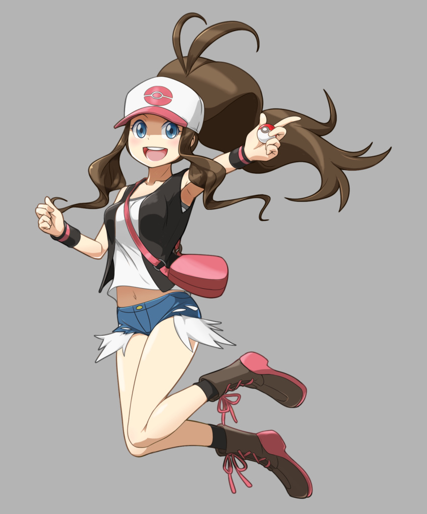 1girl, bag, baseball_cap, blue_eyes, boots, brown_hair, cross-laced_footwear, denim, denim_shorts, grey_background, hat, highres, jinteitei, long_hair, midriff, navel, open_mouth, poke_ball, pokemon, pokemon_(game), pokemon_bw, ponytail, shorts, simple_background, smile, solo, touko_(pokemon)