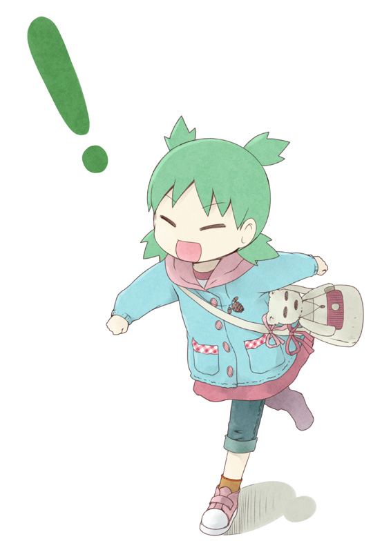 1girl, :d, bag, child, closed_eyes, coat, duralumin, green_hair