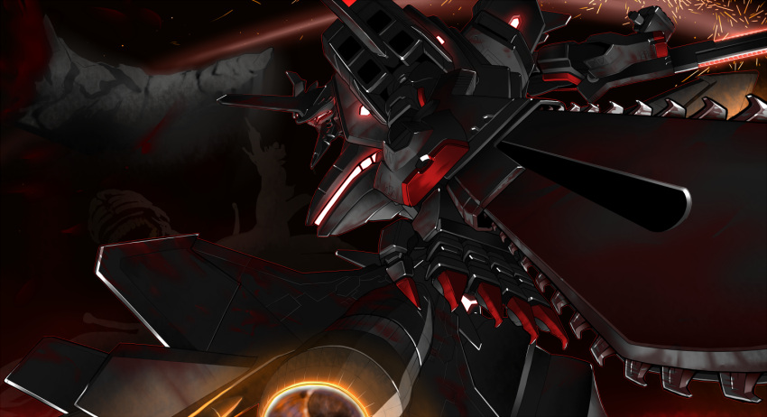 alien, battle, beta_(muvluv), blood, chainsaw, claws, gomi_kushige, mecha