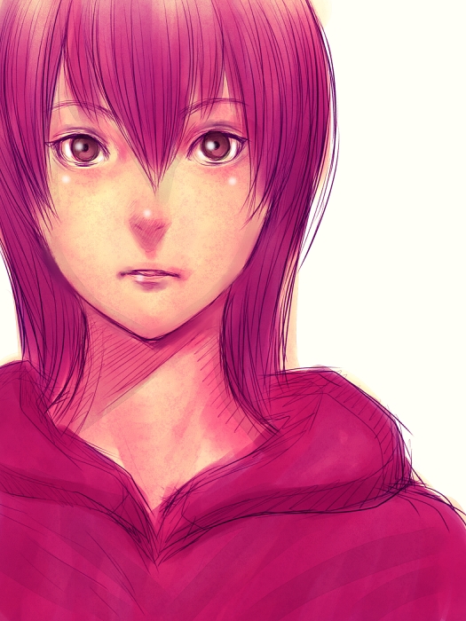 hoodie, humio, nevada-tan, pink, pink_eyes, pink_hair, solo, sweater