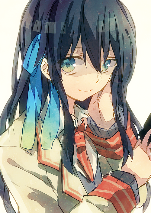 1girl, black_hair, d-ne, hair_ribbon, long_hair, necktie, ribbon, school_uniform