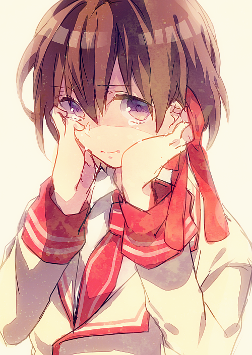 1girl, b-ko_(shuuen_no_shiori), brown_hair, necktie, ribbon, school_uniform, short_hair, tears