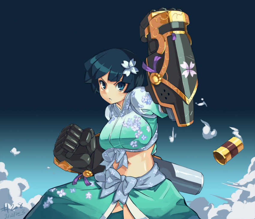 breasts, casing_ejection, character_request, japanese_clothes, junkpuyo, large_breasts, midriff, power_fist