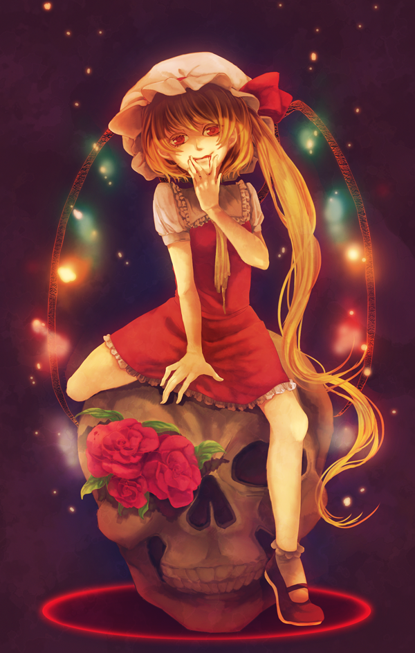 1girl, amase_(siki696), blonde_hair, blood, flandre_scarlet, flower, hat, long_hair