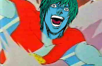 blue_eyes, blue_hair, blue_skin, cap, captain_planet, cosplay, crossover, death_note, laughing, lowres, muscle, parody, photoshop, smile, solo, source_request, teeth, wind, yagami_light