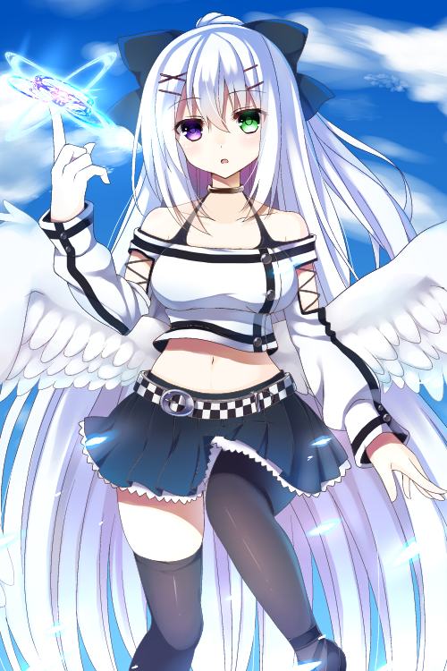 1girl, angel_wings, bare_shoulders, belt, black_legwear, bow, choker, clouds