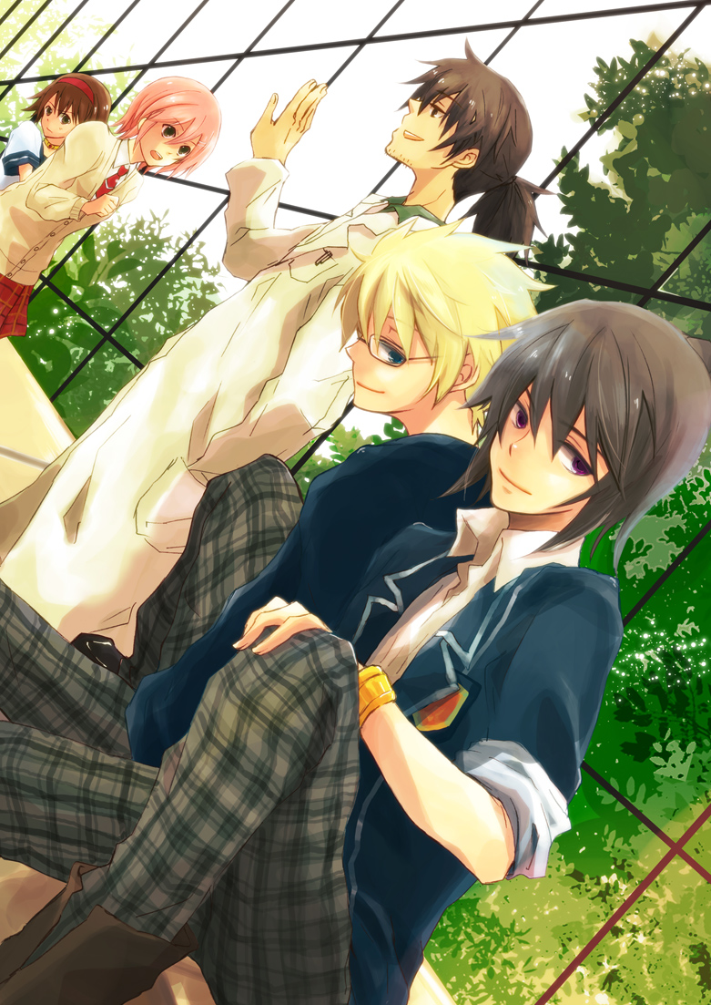 3boys, alternate_costume, alternate_uniform, black_eyes, black_hair, blonde_hair, blue_eyes, bracelet