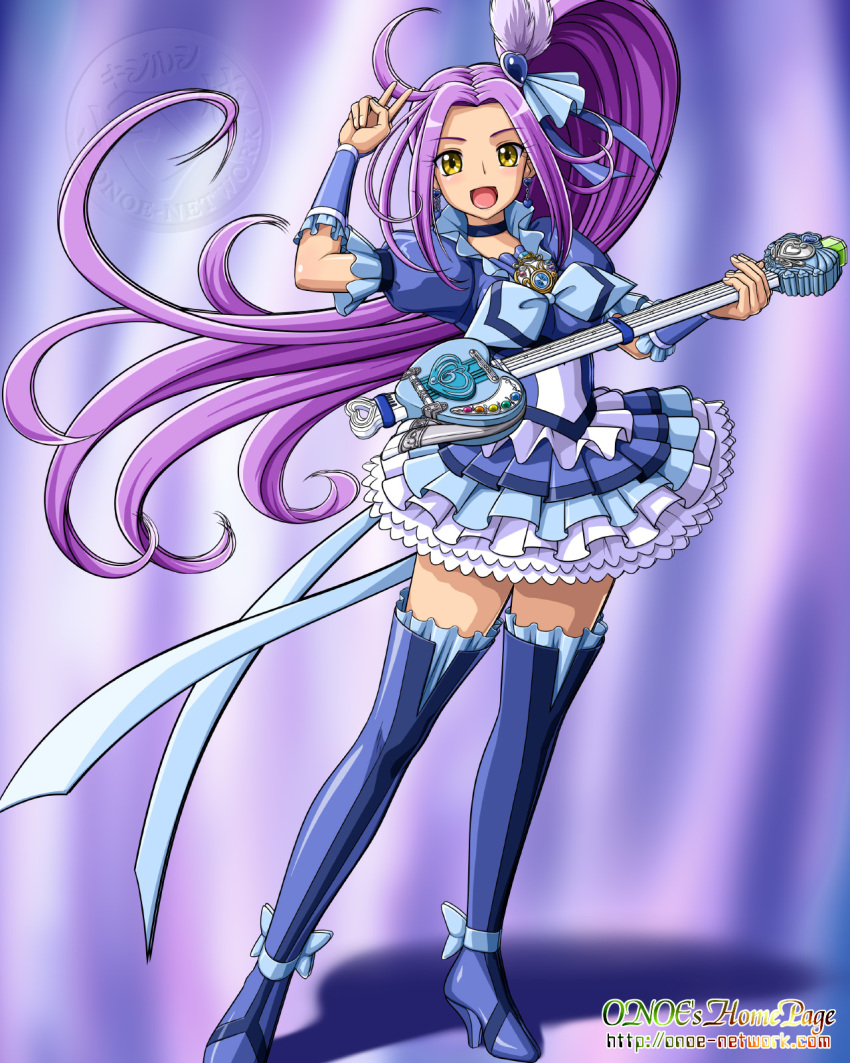 1girl, boots, choker, cure_beat, earrings, electric_guitar, frilled_skirt, guitar