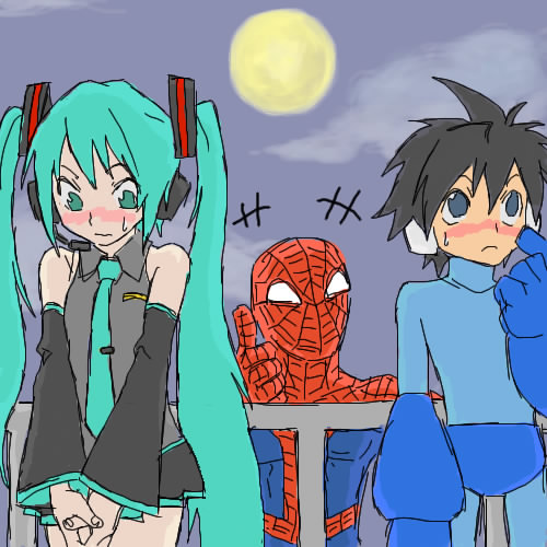 couple, crossover, hatsune_miku, marvel, mega_man_(character), mega_man_(classic), mega_man_(series), niconico_rpg