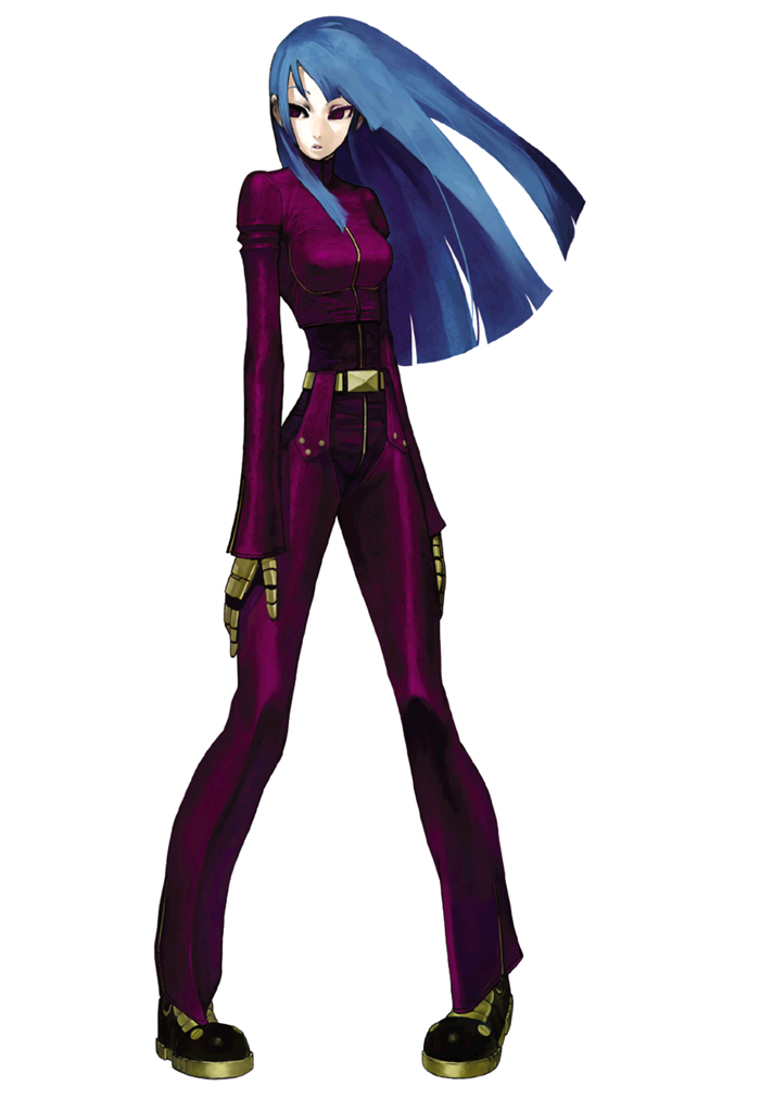 1girl, blue_hair, breasts, chaps, cropped_jacket, full_body, gloves, king_of_fighters, king_of_fighters_2001, kula_diamond, long_hair, nona, official_art, pigeon-toed, red_eyes, snk, solo, standing