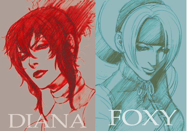 2girls, bust, diana_(kof), elek_yoshikawa, foxy_(kof), headband, king_of_fighters, lips