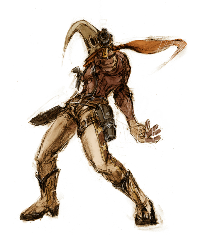 1boy, aiming_at_viewer, arc_system_works, battle_fantasia, dark_skin, face_(battle_fantasia), gloves, gun, holster, mask, neckerchief, official_art, shirtless, solo, suspenders, weapon