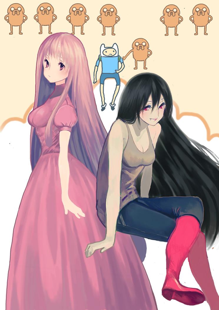 1boy, 2girls, adventure_time, black_hair, boots, crossed_legs, dog, dress