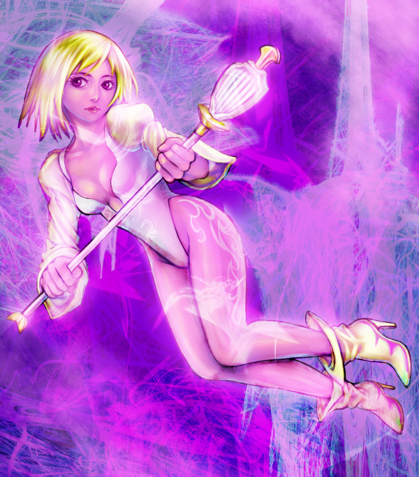 1girl, alternate_color, alternate_hair_color, araigo_rugo, blonde_hair, breasts, cleavage, final_fantasy, final_fantasy_ix, full_body, garnet_til_alexandros_xvii, high_heels, holding, holding_staff, juliet_sleeves, leotard, long_sleeves, looking_away, pink_skin, puffy_sleeves, purple_background, red_eyes, shoes, short_hair, solo, staff, tattoo, trance_garnet_til_alexandros_xvii, wand
