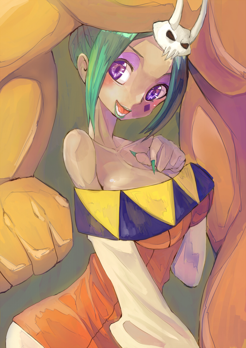 1girl, bare_shoulders, breasts, cerebella_(skullgirls), cleavage, dark_skin, detached_sleeves, eyeshadow