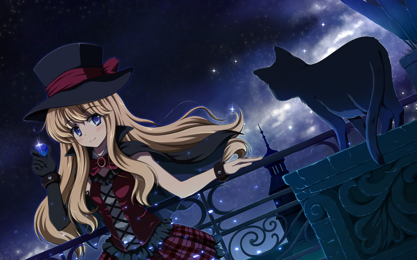 1girl, blonde_hair, blue_eyes, cat, djmax, hat, highres, long_hair