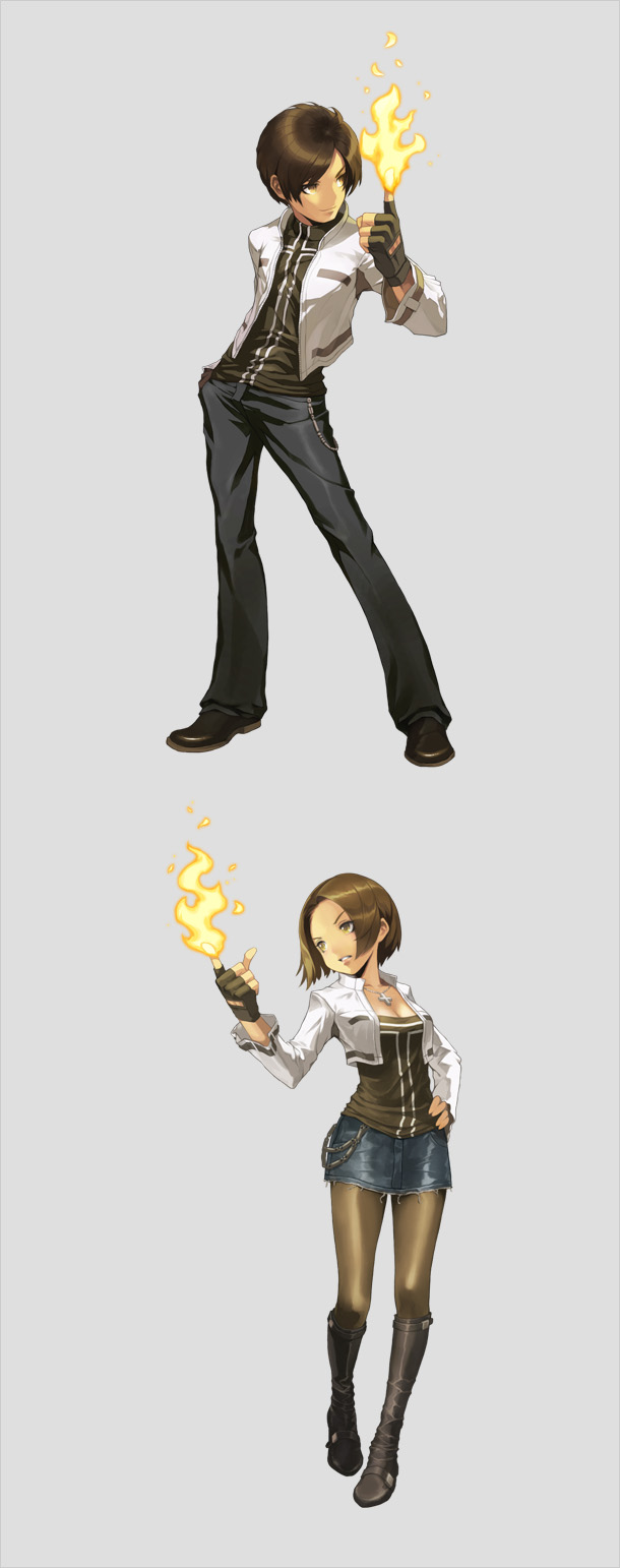 1boy, 1girl, akiraka_ryomi, boots, brown_hair, cropped_jacket, cross, cross_necklace