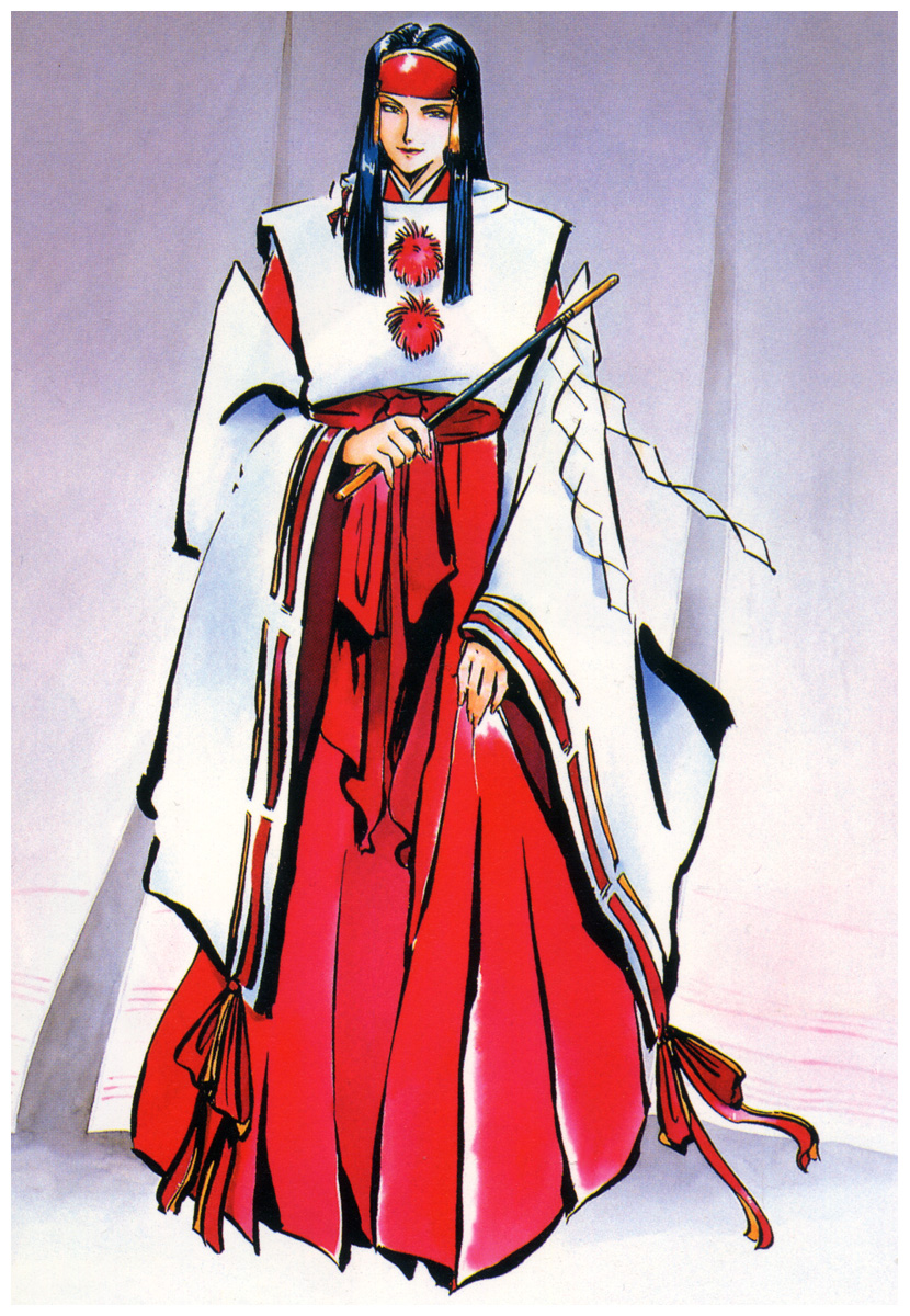 1girl, 90s, black_hair, detached_sleeves, gohei, hakama, headband, highres