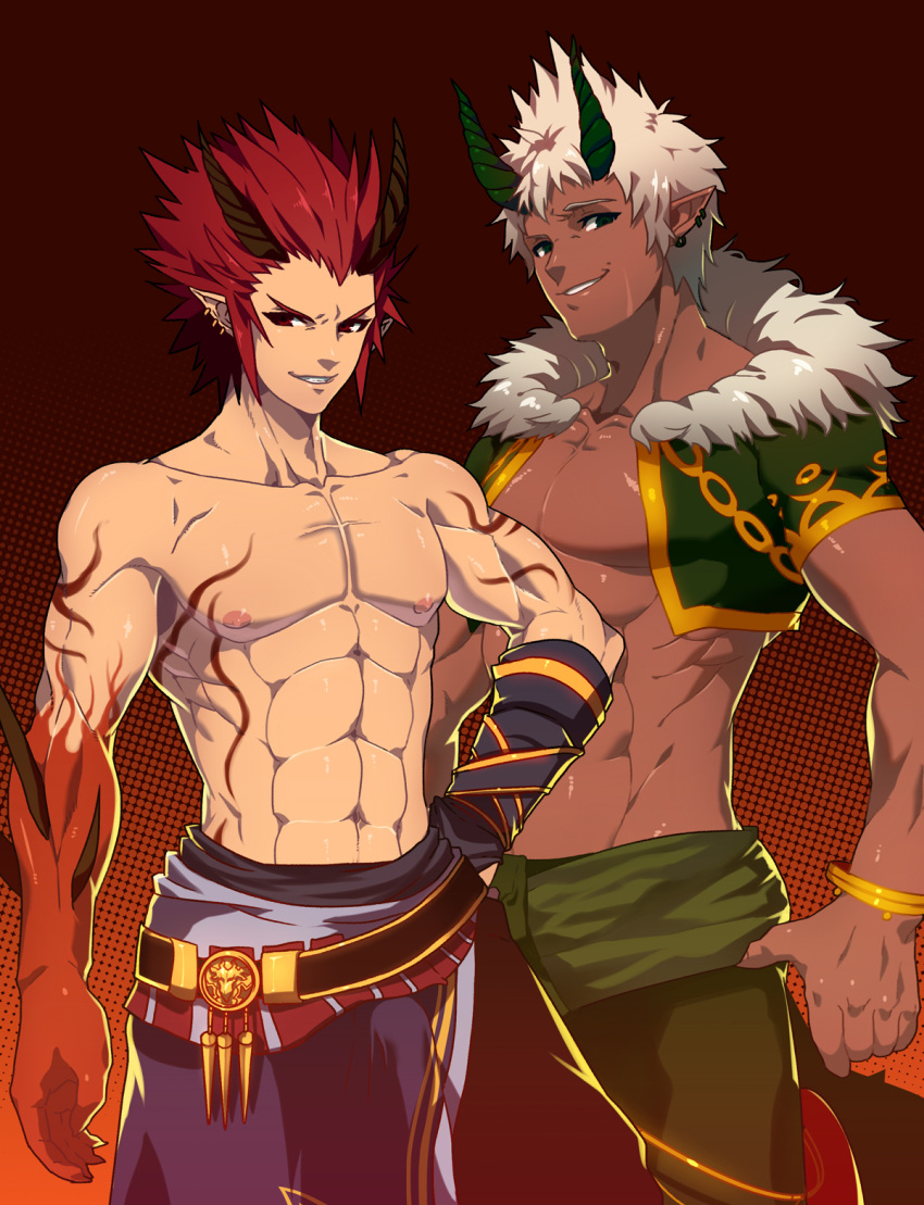 2boys, bracelet, dark_skin, demon_boy, earrings, highres, horns, jewelry