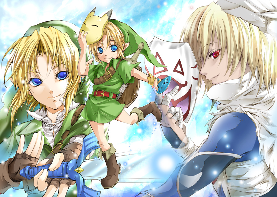 3boys, bandages, blonde_hair, blue_eyes, boots, clouds, dual_persona, fingerless_gloves, fox_mask, gloves, iwaki_saori, link, mask, master_sword, multiple_boys, nintendo, ocarina_of_time, pointy_ears, red_eyes, sheik, shield, sky, sword, the_legend_of_zelda, tunic, weapon