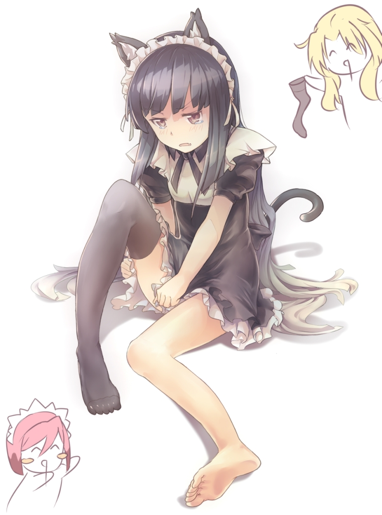 akasaka_ryuunosuke, animal_ears, black_hair, blonde_hair, blush_stickers, brown_eyes, cat_ears, cat_tail