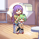 2girls, animated, animated_gif, bell, black_legwair, blinking, cardigan, chair