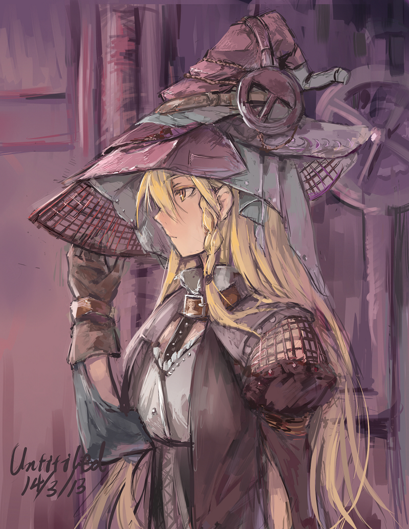 1girl, blonde_hair, braid, bust, dated, fancybetty, gloves, hat