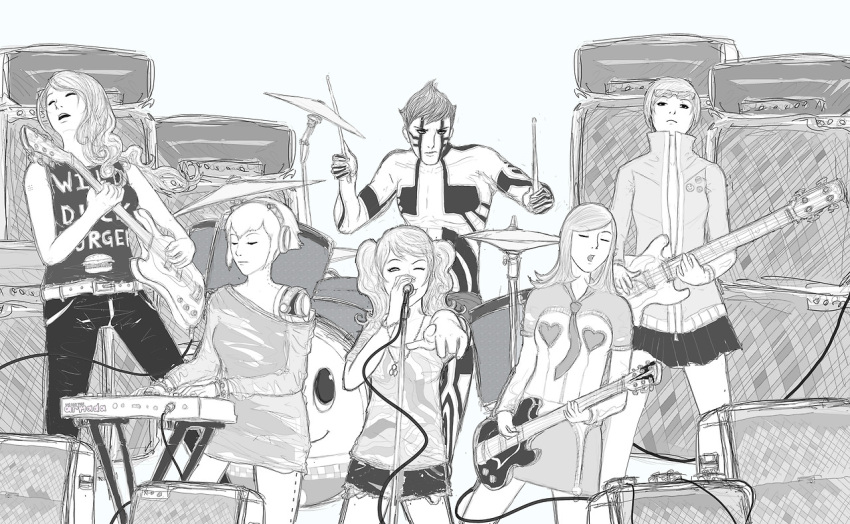 1boy, 5girls, aegis, android, band, character_request, closed_eyes, copyright_request, crossover, cymbals, drum, glasses_on_head, grey, guitar, instrument, keyboard, looking_at_viewer, microphone, monochrome, multiple_girls, open_mouth, persona, persona_2, persona_3, persona_4, pointing, short_hair, standing, topless, we.are.the.armada, wink