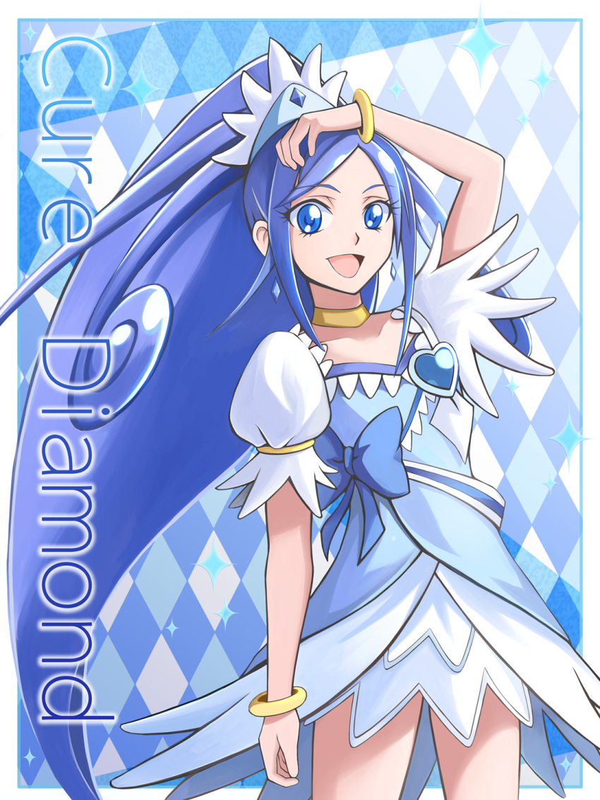 1girl, argyle, argyle_background, asymmetrical_clothes, blue, blue_background, blue_eyes, blue_hair, bow, bracelet, character_name, choker, cure_diamond, dokidoki!_precure, highres, hishikawa_rikka, jewelry, long_hair, magical_girl, ponytail, precure, ribbon, skirt, smile, solo, toyo-1040-maruthi
