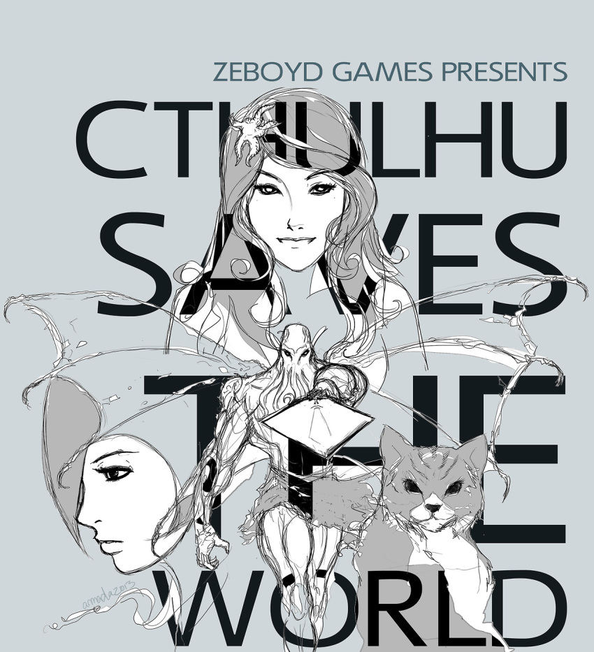 2013, cat, character_request, cthulhu, cthulhu_saves_the_world, dated, grey, highres, monochrome, signature, smile, sword, tentacles, title_drop, we.are.the.armada, weapon, wings