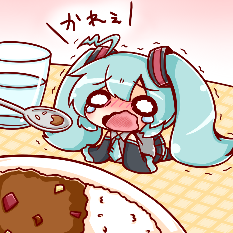1girl, ahoge, all_fours, aqua_hair, chibi, curry, detached_sleeves, food