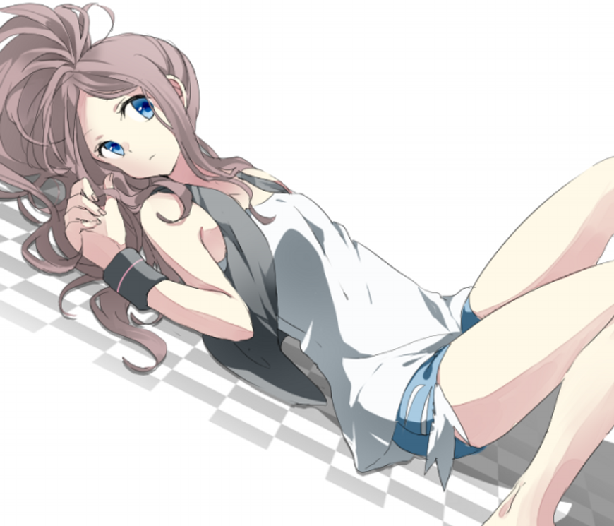1girl, bare_legs, bare_shoulders, blue_eyes, brown_hair, denim, denim_shorts, high_ponytail
