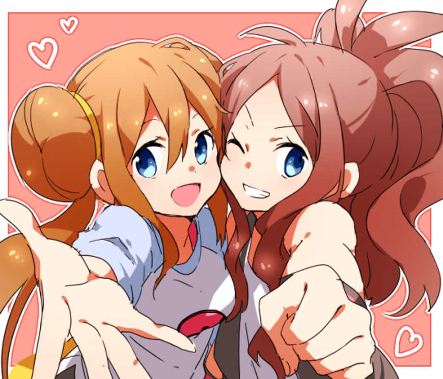2girls, bare_shoulders, blue_eyes, brown_hair, clenched_hand, double_bun, grin, heart