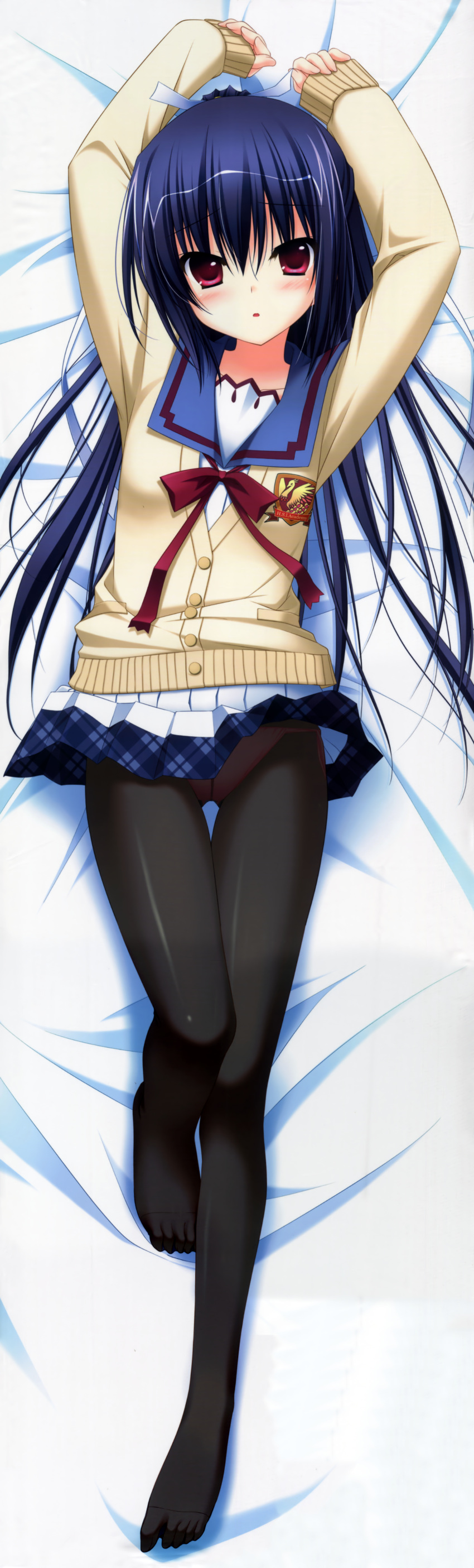 1girl, absurdres, arms_up, black_legwear, blue_hair, cardigan, chikotam, dakimakura