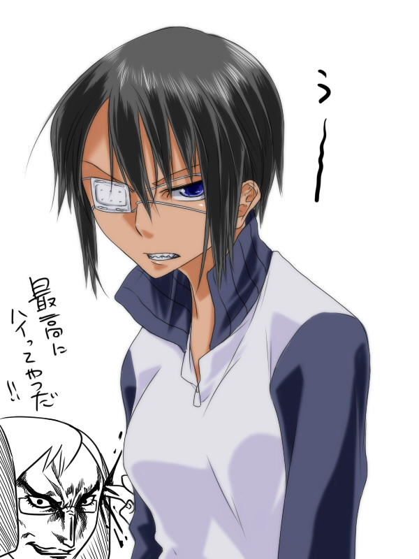 1girl, bared_teeth, breasts, dark_skin, eyepatch, gigi-chan, ksaiki, original, popped_collar, sharp_teeth, short_hair, solo