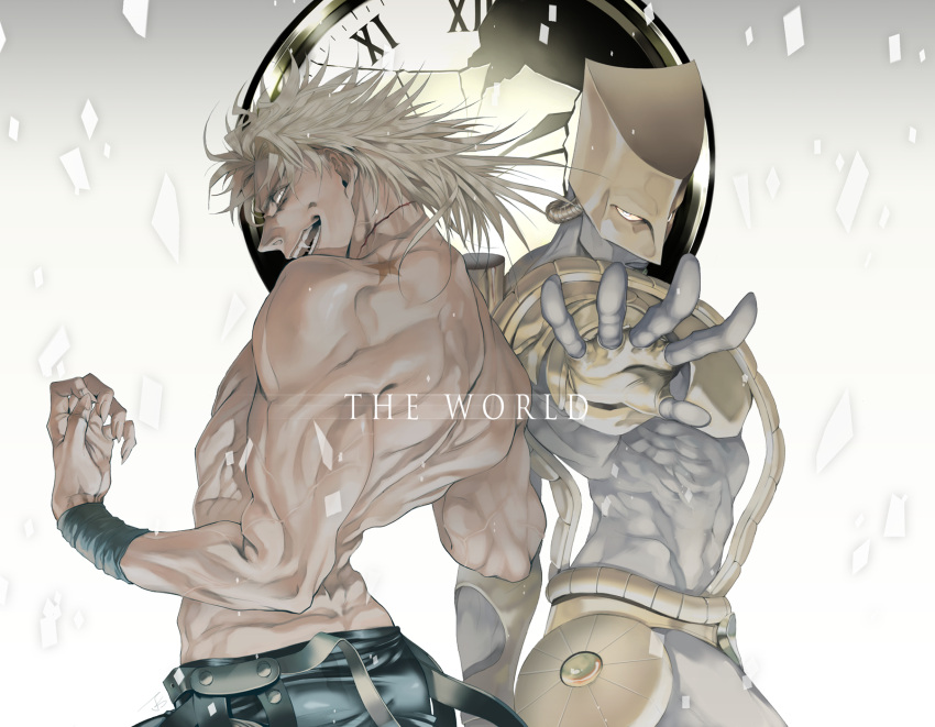 2boys, albinoalli, blonde_hair, clock, dio_brando, highres, jojo_no_kimyou_na_bouken, multiple_boys, red_eyes, shirtless, stand_(jojo), the_world
