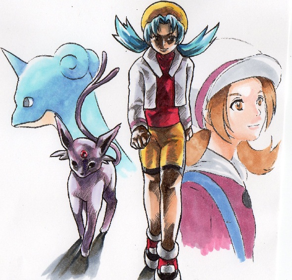 2girls, bike_shorts, blue_hair, brown_hair, bust, crystal_(pokemon), dual_persona, espeon, kotone_(pokemon), lapras, multiple_girls, pokemon, pokemon_(game), pokemon_gsc, pokemon_hgss, simple_background, traditional_media, twintails, wakewaka_ran, walking